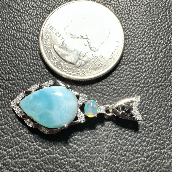 Larimar, Ethiopian Opal, Cubic Zirconia 925 Silver Pendant - Picture 4 of 5